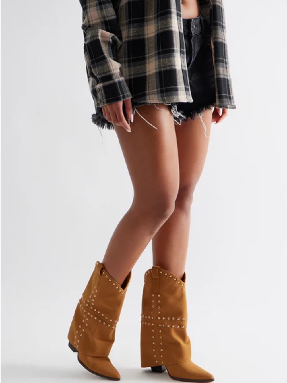 Studded Tan Brown Cowgirl Mid-Calf Overlay Boot - Picture 4 of 6